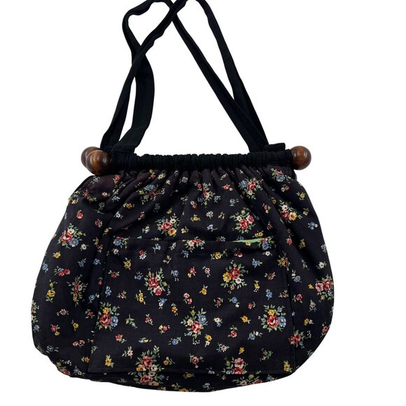 Handmade Black Shoulder Bag Colorful Embroidery & Wooden Accents reversible - Picture 8 of 9